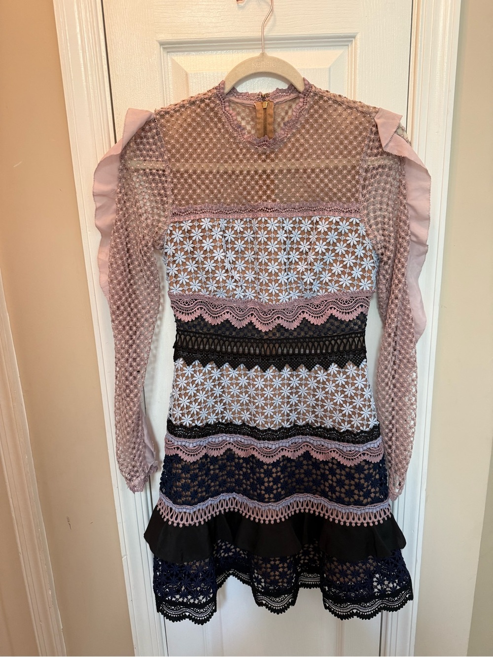 Self-Portrait Pink Black Navy Mixed Lace Ruffle Dress
